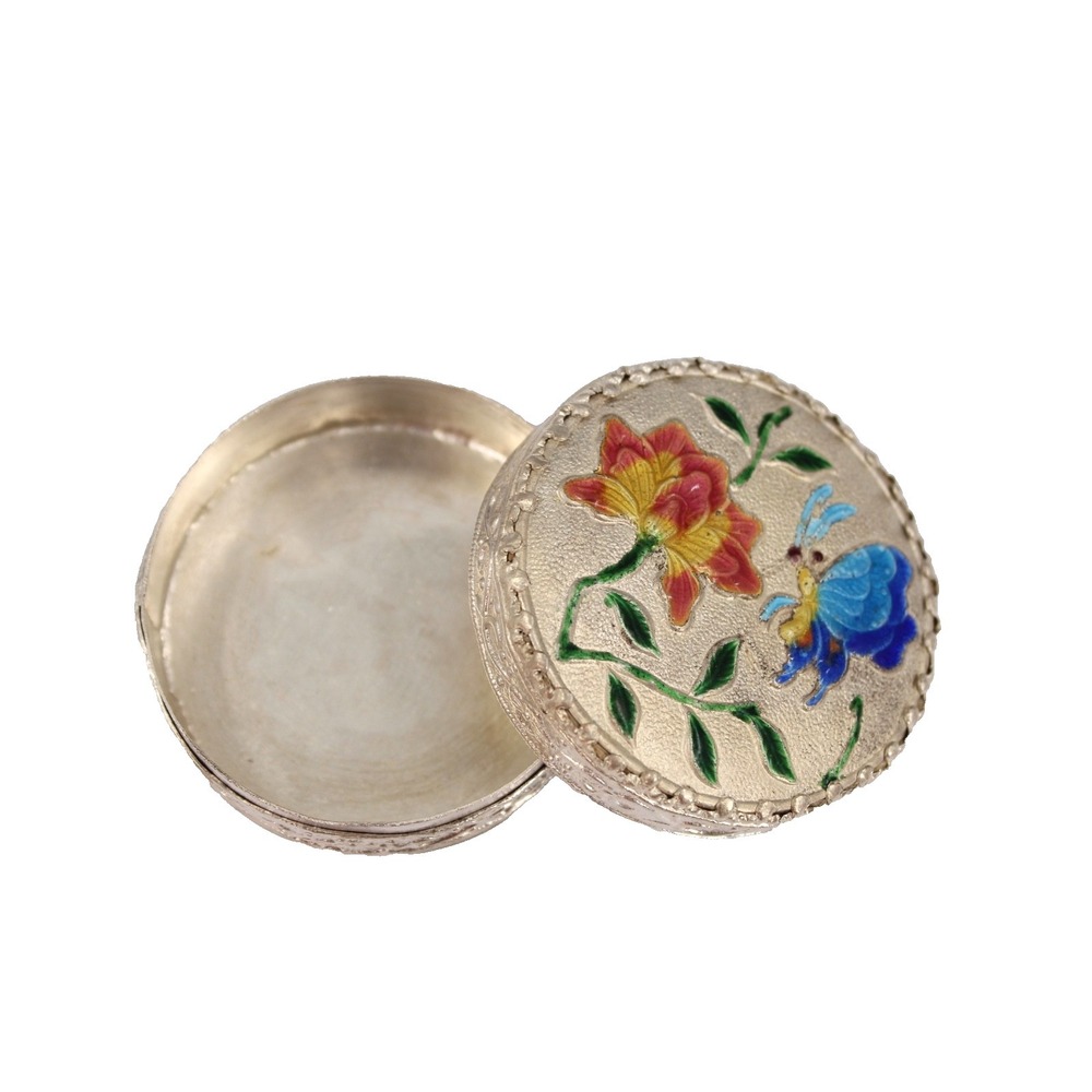 Vintage Chinese Cloisonne Enamel Trinket‎ Pill Box mirror butterfly floral
